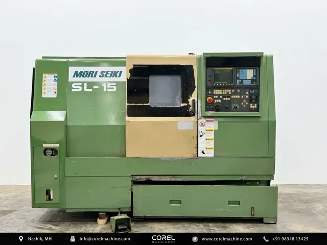 Used MORI SEIKI SL-15 CNC Turning Centers Slant Bed for sale - Front view of the machine enclosure